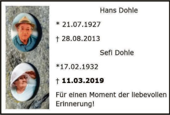 Todesanzeige von Hnas und Sefi Dohle von MZV