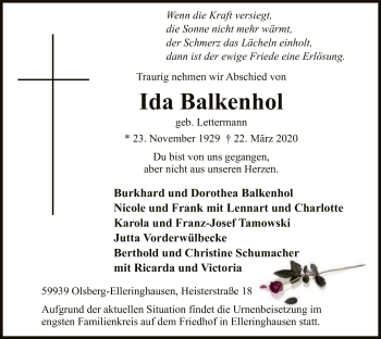 Todesanzeige von Ida Balkenhol von MZV