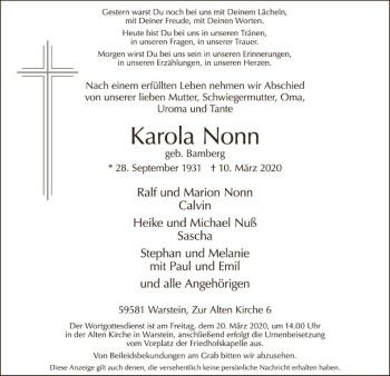 Todesanzeige von Karola Nonn von MZV