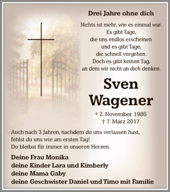 Todesanzeige von Sven Wagener von MZV