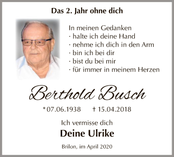Todesanzeige von Berthold Busch von MZV