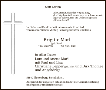 Todesanzeige von Brigitte Marl von MZV