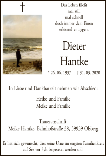 Todesanzeige von Dieter Hantke von MZV