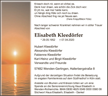 Todesanzeige von Elisabeth Kleedörfer von MZV
