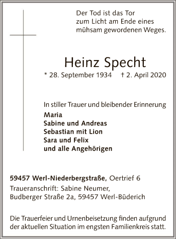 Todesanzeige von Heinz Specht von MZV