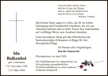 Todesanzeige von Ida Balkenhol von WA