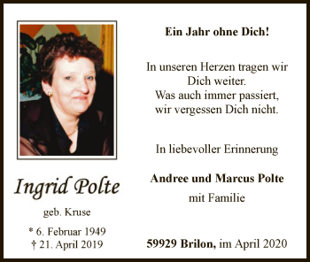 Todesanzeige von Ingrid Polte von MZV