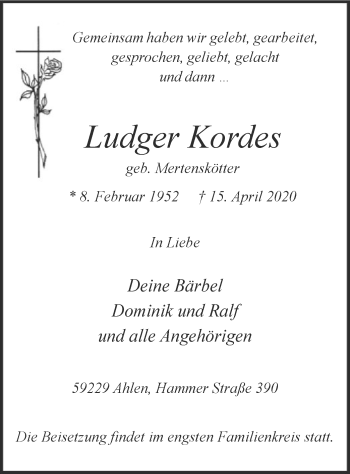 Todesanzeige von Ludger Kordes von MZV