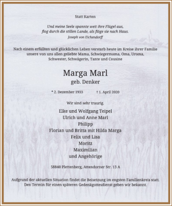 Todesanzeige von Marga Marl von MZV