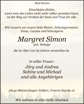 Todesanzeige von Margret Simon von MZV