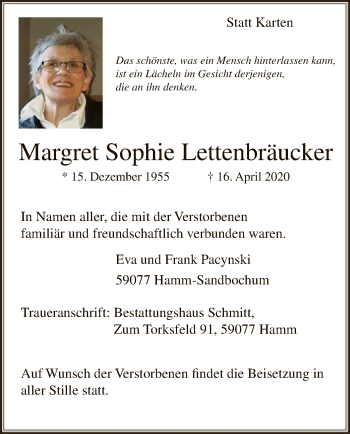 Todesanzeige von Margret Sophie Lettenbräucker von WA