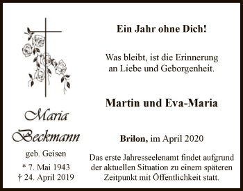 Todesanzeige von Maria Beckmann von WA