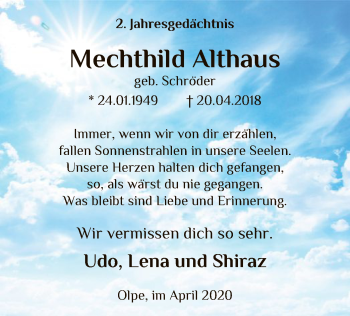 Todesanzeige von Mechthild Althaus von MZV