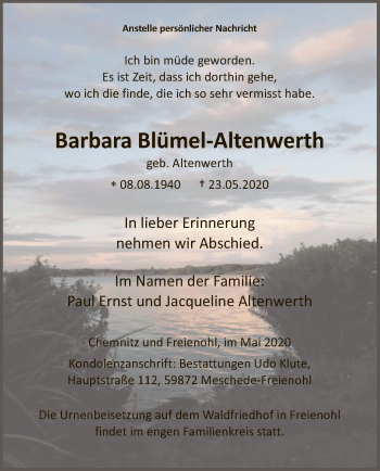 Todesanzeige von Barbara Blümel-Altenwerth von WA