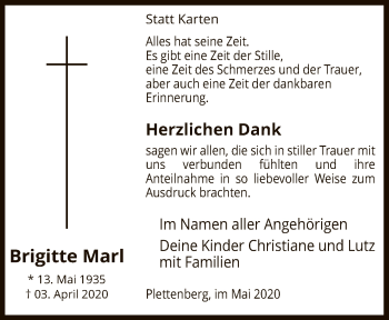 Todesanzeige von Brigitte Marl von WA