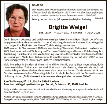 Todesanzeige von Brigitte Weigel von WA