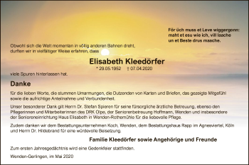 Todesanzeige von Elisabeth Kleedörfer von WA