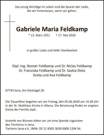 Todesanzeige von Gabriele Maria Feldkamp von WA