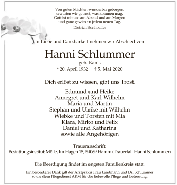 Todesanzeige von Hanni Schlummer von WA