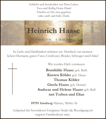 Todesanzeige von Heinrich Haase von WA