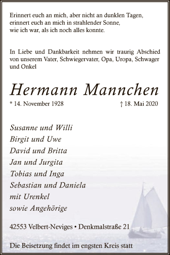 Todesanzeige von Hermann Mannchen von WA