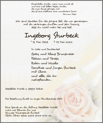 Todesanzeige von Ingeborg Sturbeck von WA