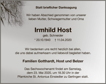 Todesanzeige von Irmhild Host von WA