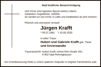 Todesanzeige von Jürgen Kraft von WA