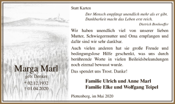 Todesanzeige von Marga Marl von WA