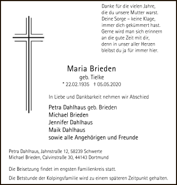 Todesanzeige von Maria Brieden von WA