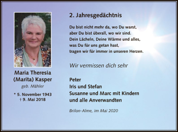 Todesanzeige von Maria Theresia Kasper von WA