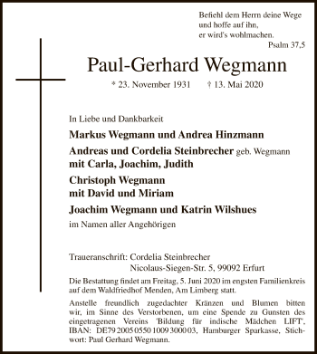 Todesanzeige von Paul-Gerhard Wegmann von WA