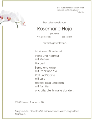 Todesanzeige von Rosemarie Hoja von WA