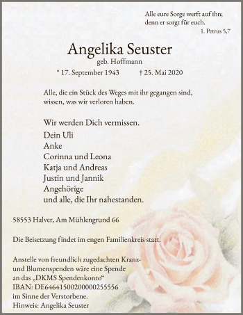 Todesanzeige von Angelika Seuster von WA