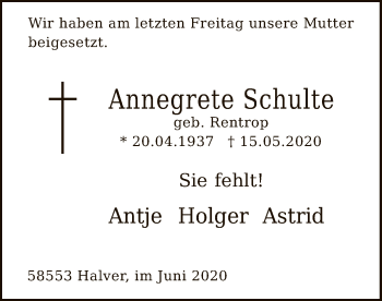 Todesanzeige von Annegrete Schulte von WA