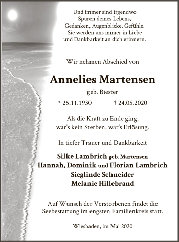 Todesanzeige von Annelies Martensen von WA