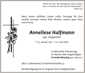 Todesanzeige von Anneliese Halfmann von WA