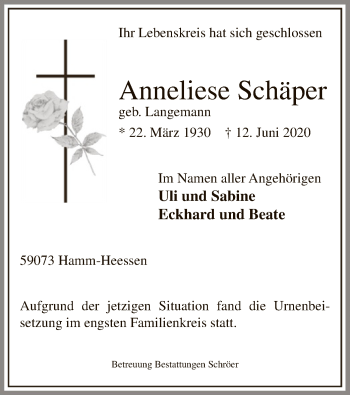 Todesanzeige von Anneliese Schäper von WA