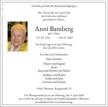 Todesanzeige von Anni Bamberg von WA