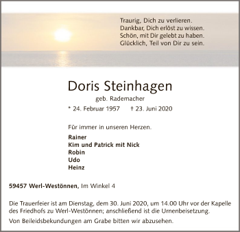 Todesanzeige von Doris Steinhagen von WA