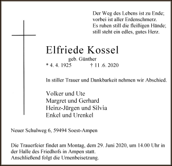 Todesanzeige von Elfriede Kossel von WA