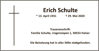 Todesanzeige von Erich Schulte von WA