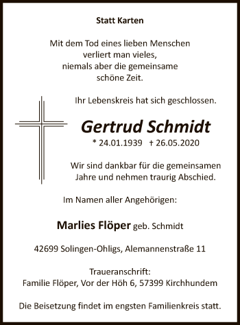 Todesanzeige von Gertrud Schmidt von WA