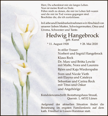 Todesanzeige von Hedwig Hangebrock von WA