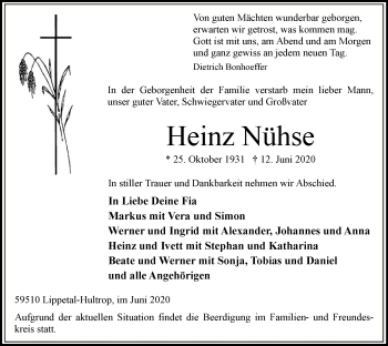 Todesanzeige von Heinz Nühse von WA