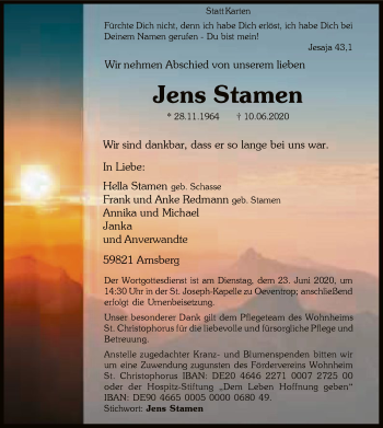 Todesanzeige von Jens Stamen von WA