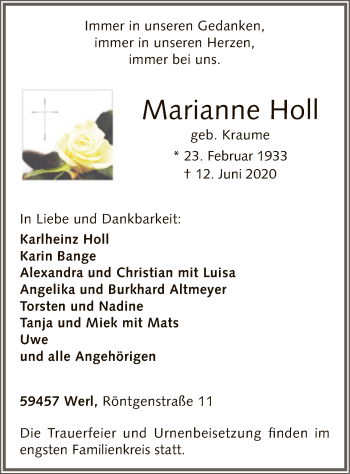 Todesanzeige von Marianne Holl von WA