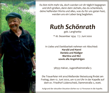 Todesanzeige von Ruth Schönrath von WA
