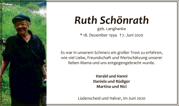 Todesanzeige von Ruth Schönrath von WA