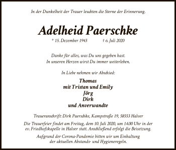 Todesanzeige von Adelheid Paerschke von WA